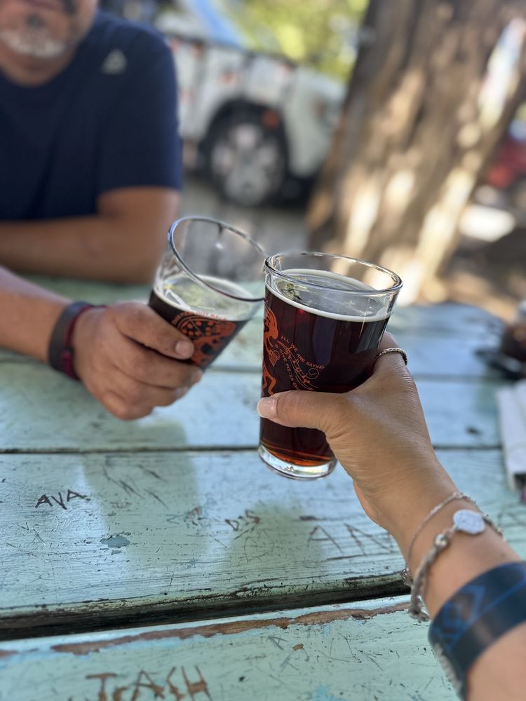 Two pints of beer toasting over a painted picnic table on the patio